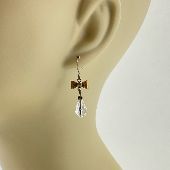 Crystal Teardrop & Bow Earrings, Handmade, Art Nouveau Style, Antique Brass - Picture 5 of 6